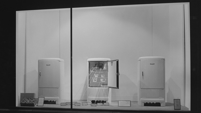 Black and white photo of retro refridgerator designs