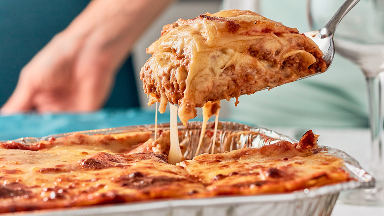 traditional lasagna with cheese pulls