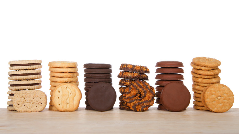 Varieties of Girl Scout cookies stacked