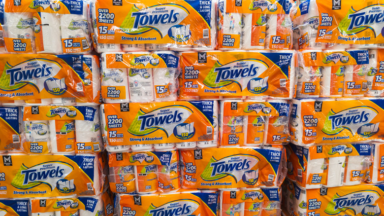 Stacks of Sam's Club's Member's Mark paper towels at a Sam's Club Warehouse