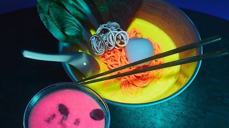 glow-in-the-dark lumen ramen and luminescent cocktail