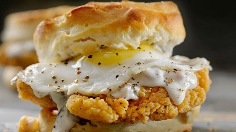 Fried chicken and egg on a biscuit