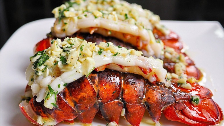 plate of lobster tails topped with garlic confit