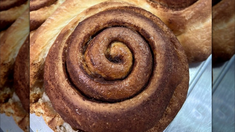 Pan of freshly baked cinnamon rolls