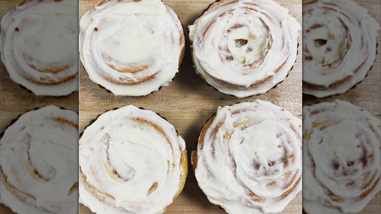 Four frosted cinnamon rolls from Washashore Bakery