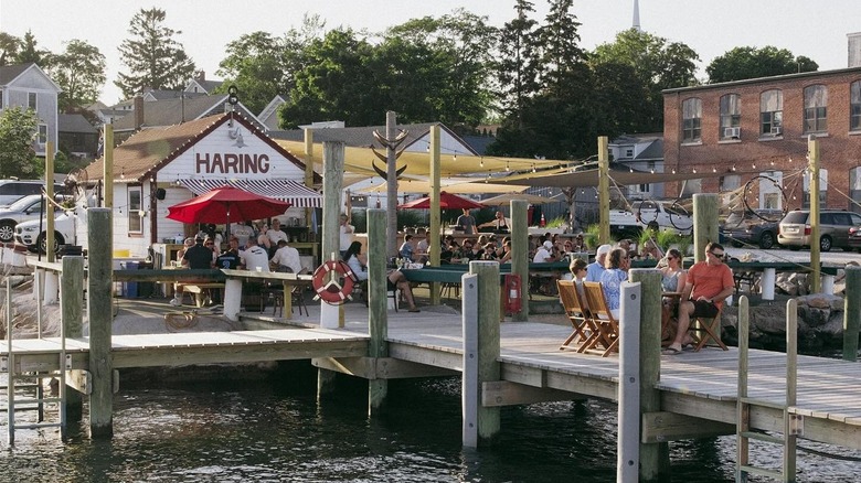 Exterior dock patio with picnic tables
