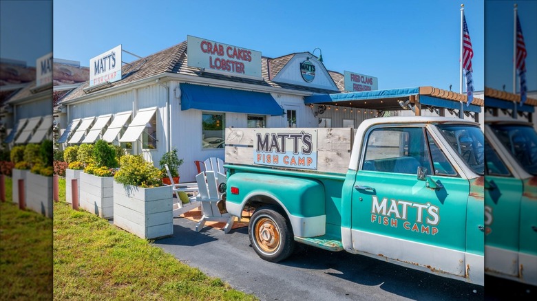 Matt's Fish Camp vintage truck backed up to restaurant
