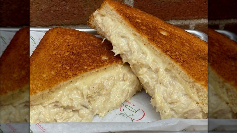 Close of of grilled tuna salad sandwich at Pauli's Northend in Massachusetts