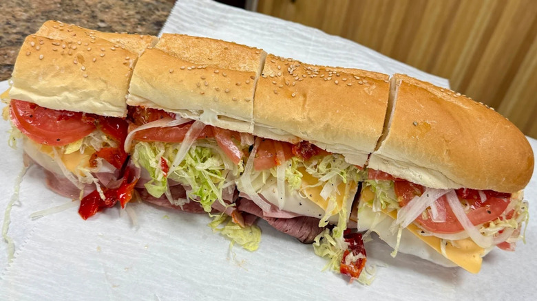 The Bomb sandwich with various meats, cheeses, and veggies