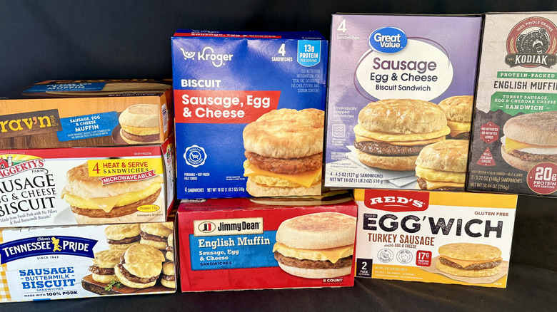 Boxes of frozen store-bought breakfast sandwiches