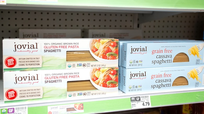 Boxes of Jovial gluten-free pasta on shelf
