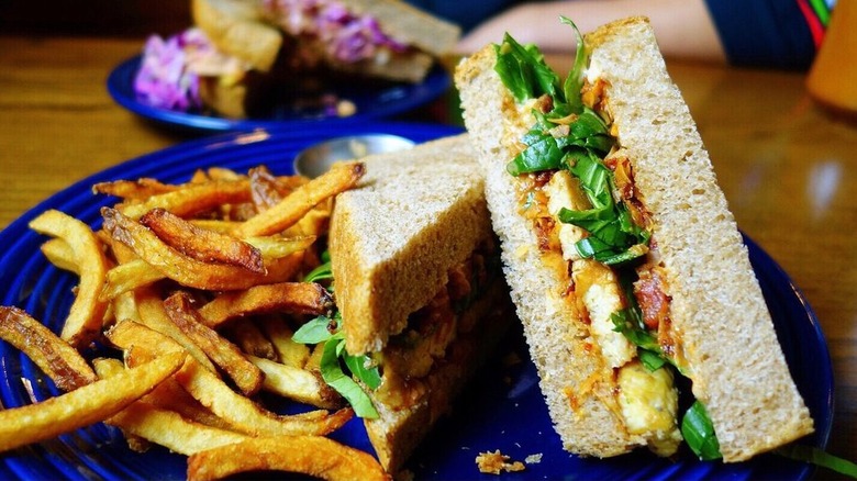 Sandwich and fries at Trumpet Blossom Cafe