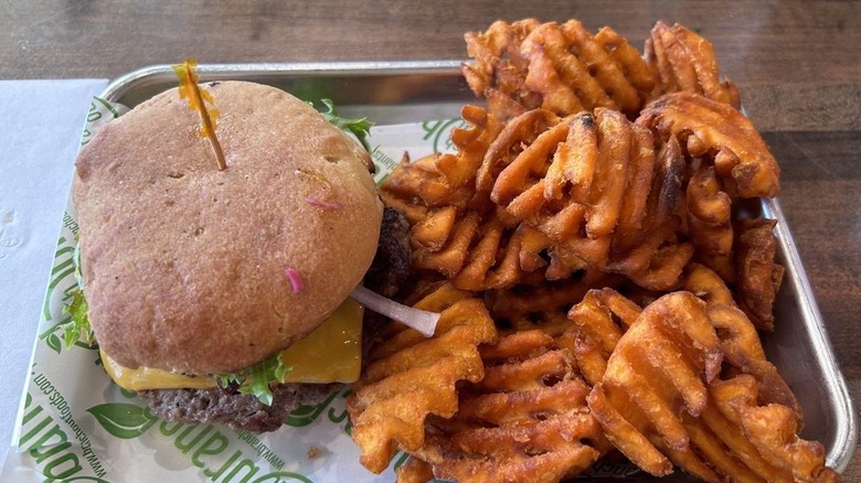 Burger and waffle fries from Branch Out