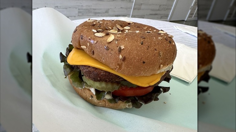 Veggie burger at The Squeeze Juice Bar and Vegan Eatery