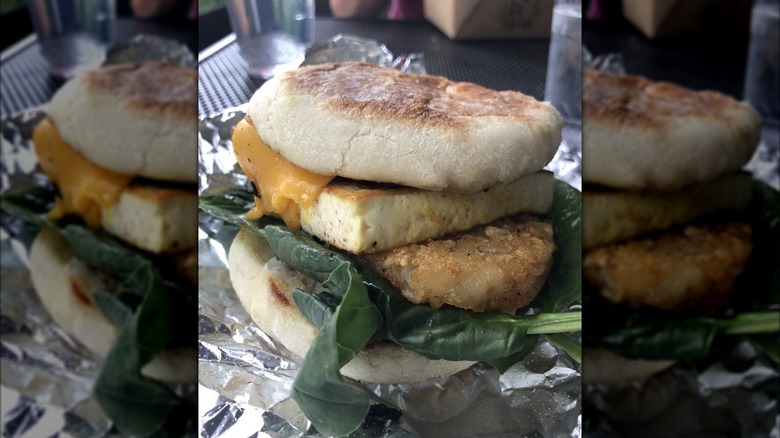 Close-up of breakfast sandwich at Veera