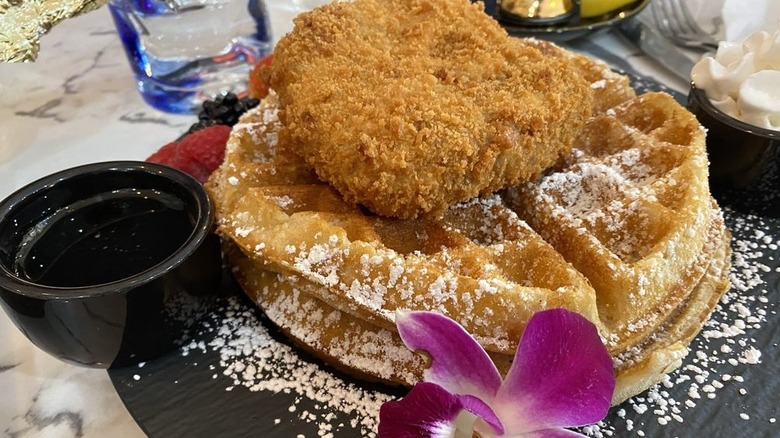 Plate of chicken and waffles from Gaia & Loki