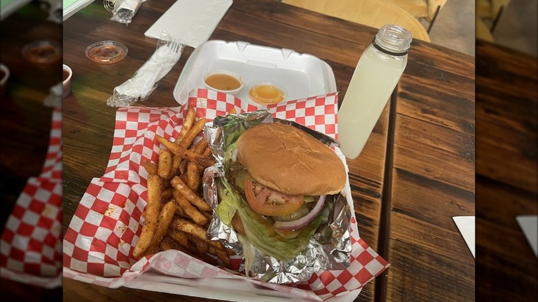 Burger and fries at The Beet Box