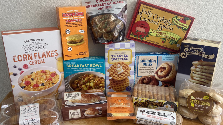 A variety of Trader Joe's breakfast items on a wooden table