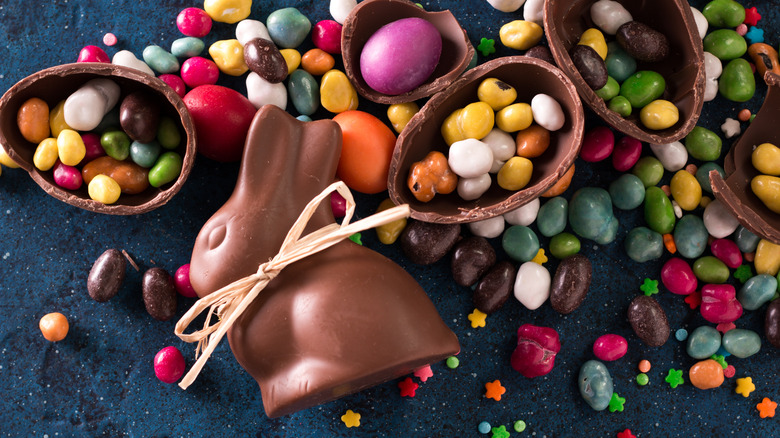 Various Easter candies including a chocolate bunny