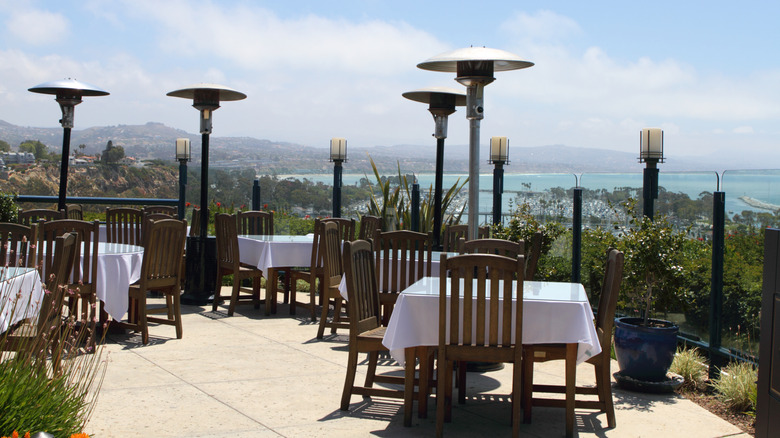 outdoor dining setup with outdoor heaters