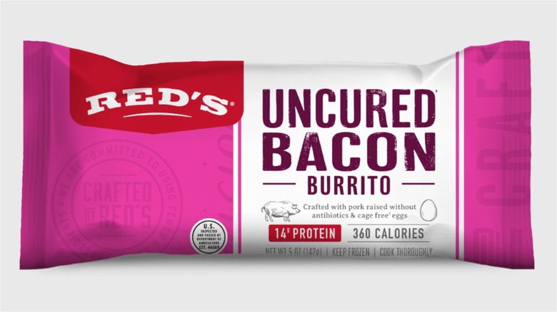 A Red's uncured bacon egg and cheese burrito inside its package.