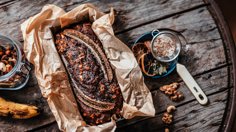 Banana bread on a wooden table