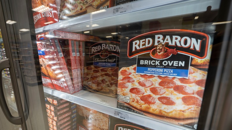Frozen pizza section supermarket 