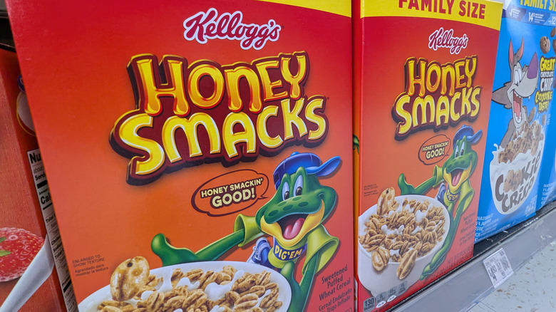 Boxes of Honey Smacks cereal on a grocery store shelf