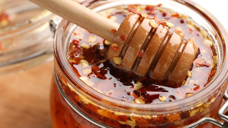 Honey with spicy peppers in a jar