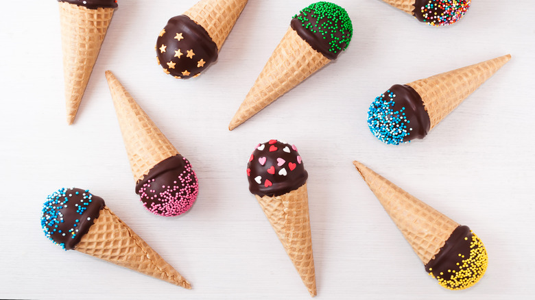 Chocolate cake pops on waffle cones