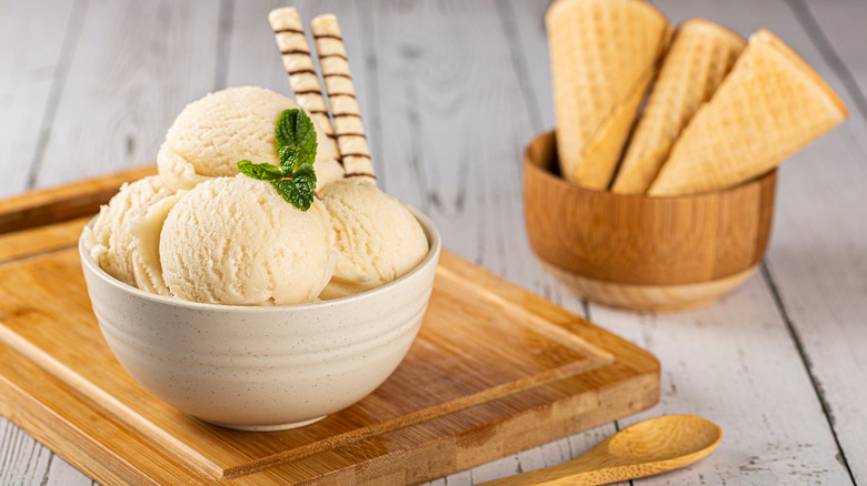 Ice cream and cones in separate bowls