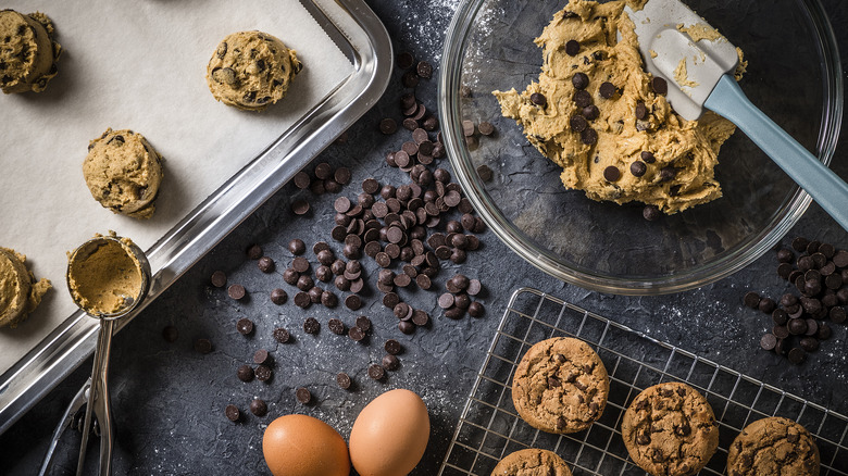 cookies on pan and raw dough with chocolate chips