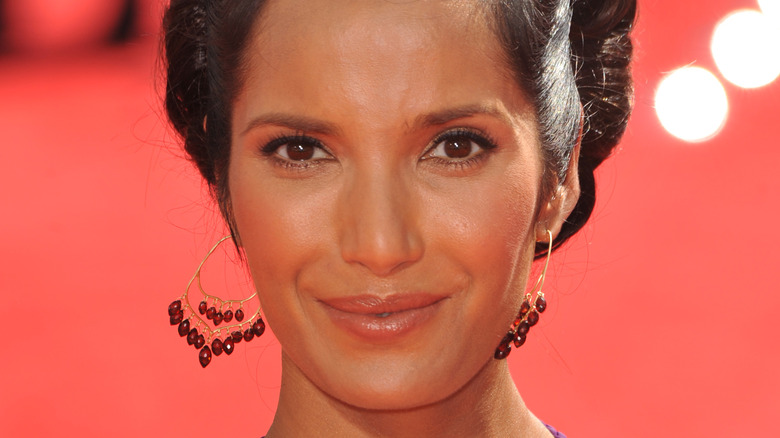 Close up of Padma Lakshmi wearing earrings
