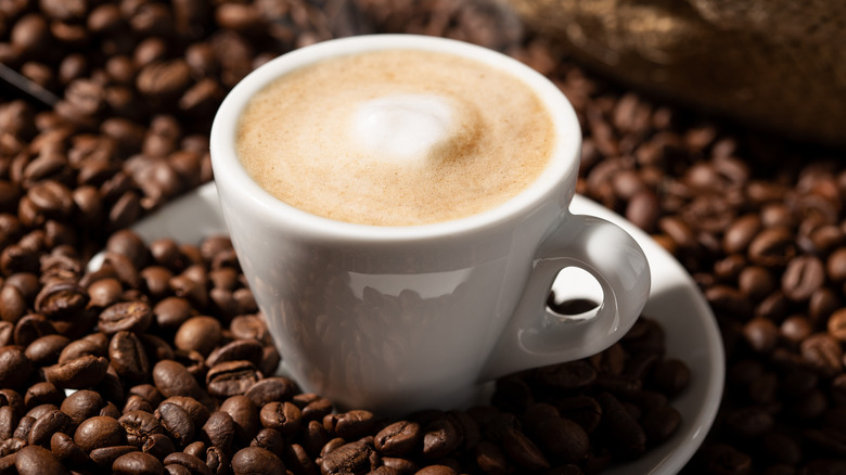 A cup of cappuccino surrounded by coffee beans