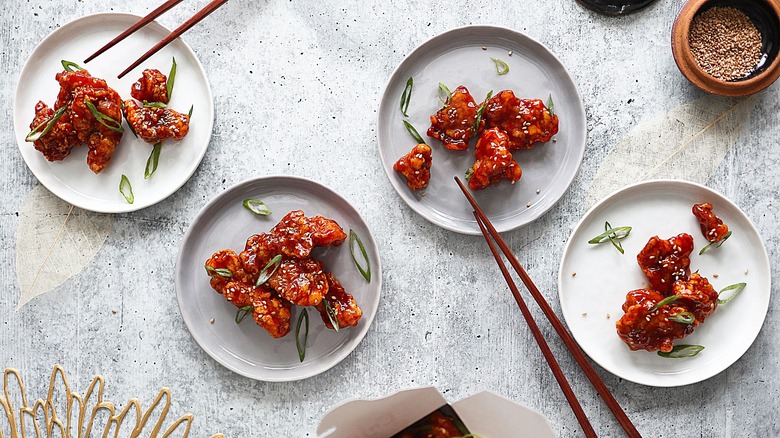 plated sesame chicken portions