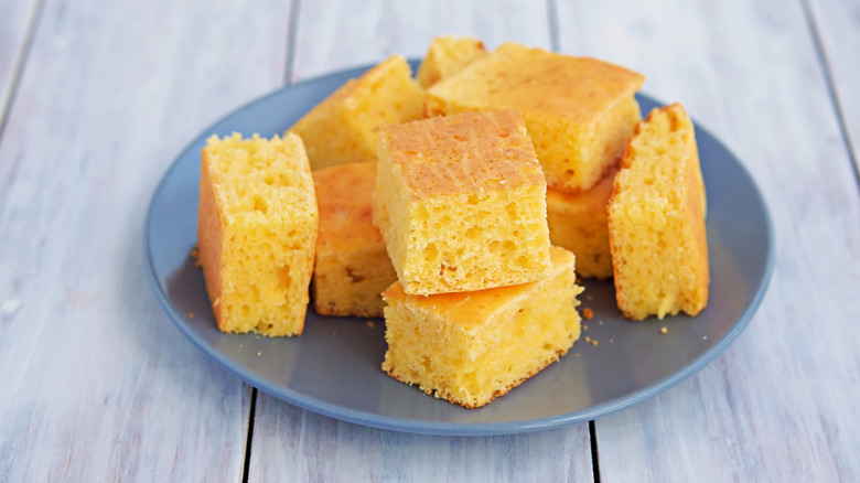 cornbread squares on blue plate