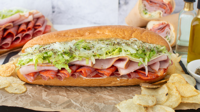 Copycat Jimmy John's Italian subs with potato chips nearby