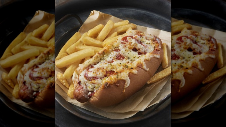 Pepperoni pizza hot dog with fries