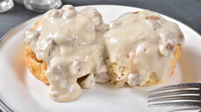 Biscuits and gravy with fork