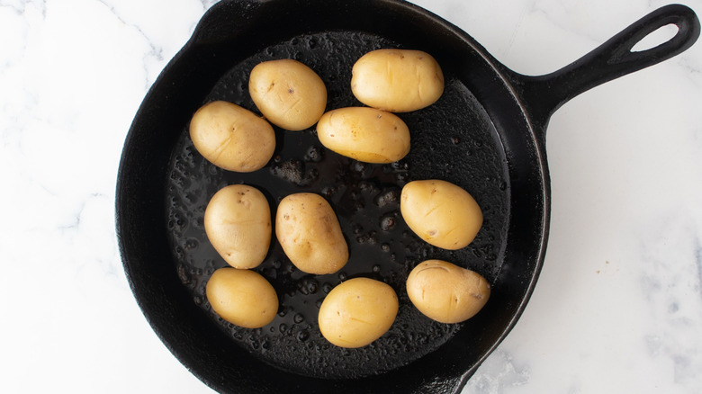 Baby potatoes in cast iron skillet
