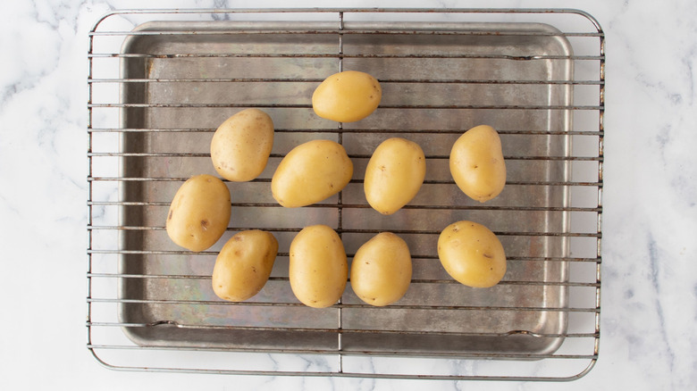 Baby potatoes on wire rack
