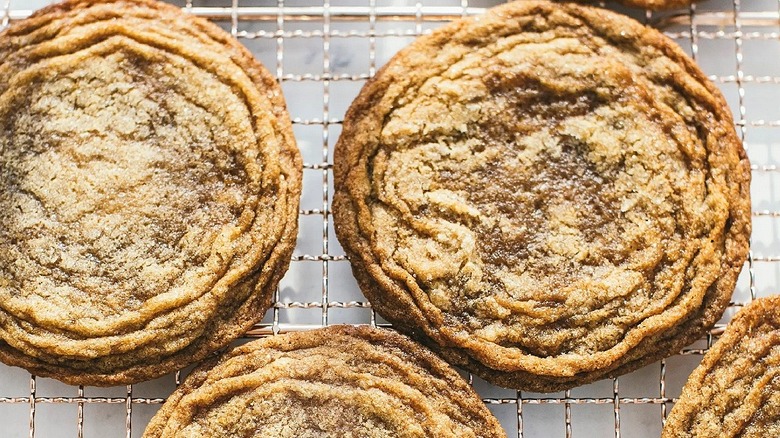 Chocolate chipless cookies on rack