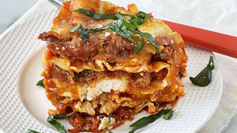 lasagna with shreds of basil