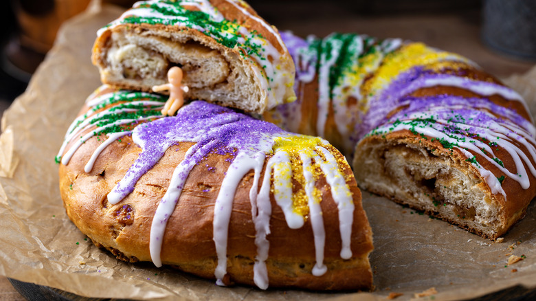 A king cake with a plastic baby