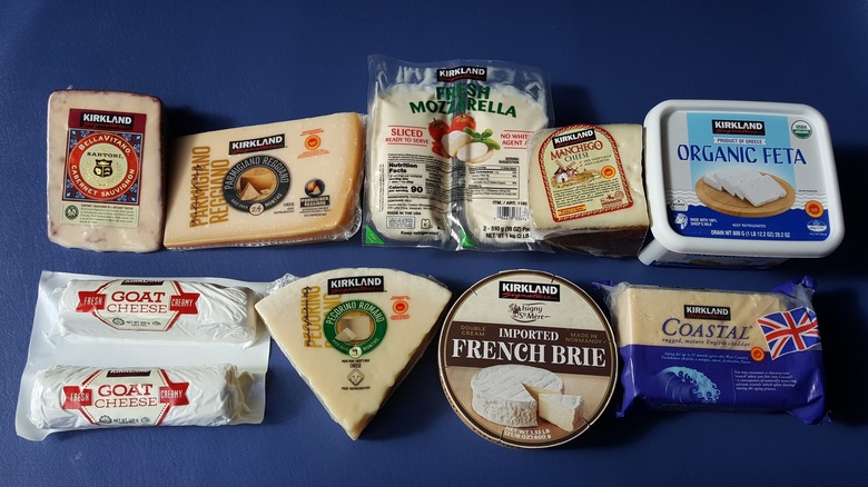 Nine packaged Costco cheeses