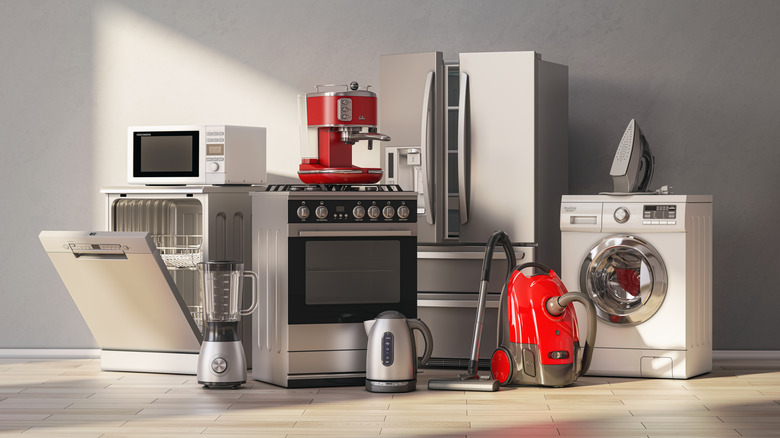 A collection of modern kitchen appliances, including a dishwasher, oven, microwave, espresso maker, electric tea kettle, refrigerator, vacuum, laundry machine and iron.