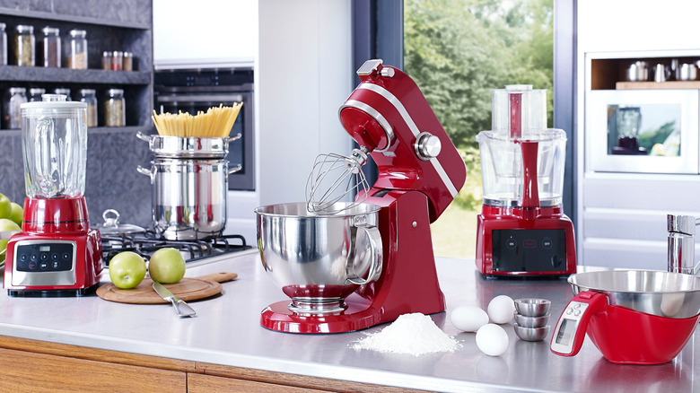 shiny red kitchen appliances