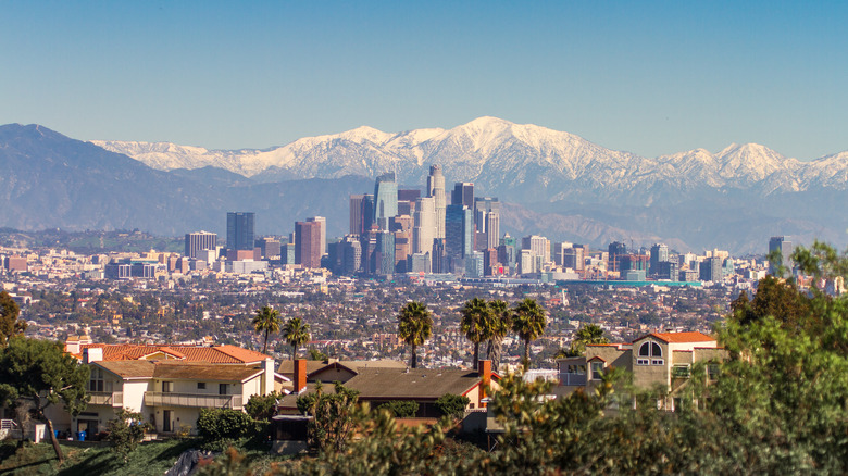 Los Angeles with snowcapped mountains in the background