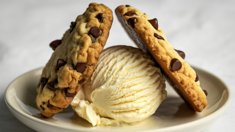 Two chocolate chip cookies with a scoop of vanilla ice cream on a white plate