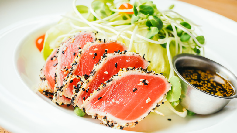 Slices of seared ahi tuna  and salad with a dressing on a white plate